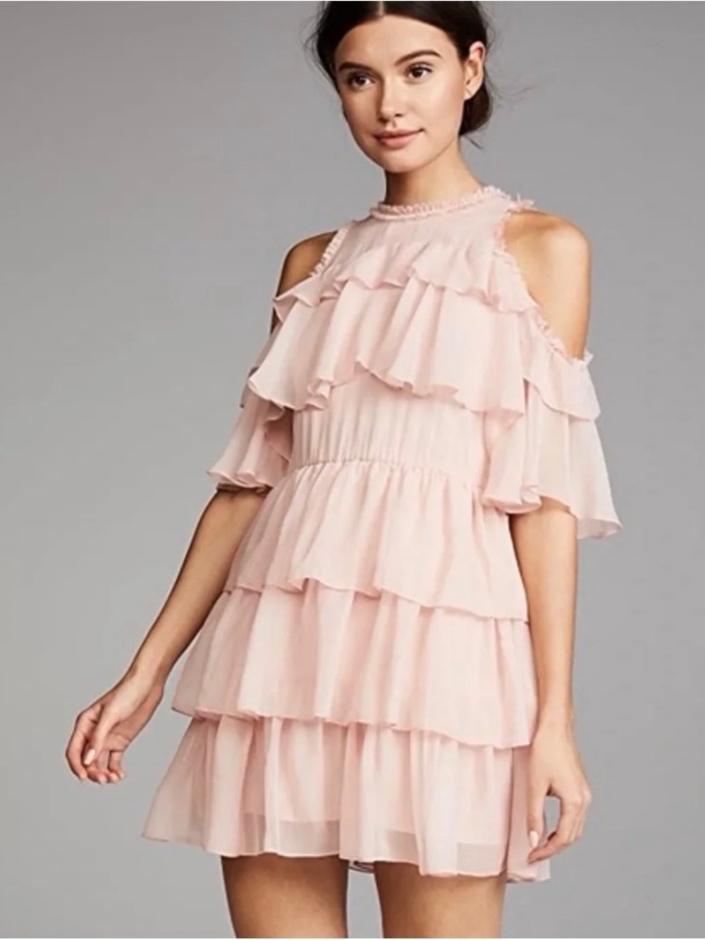 Alice + Olivia Blush Pink Tiered Ruffle Cold-Shoulder Mini Dress size 8